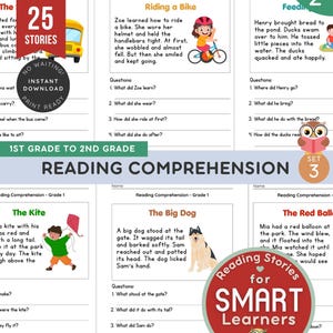 Comprensión lectora, 1.er grado, Serie 3 / 25 cuentos cortos para niños / Práctica de lectura / Aprendizaje en casa / PDF imprimible / Descarga instantánea