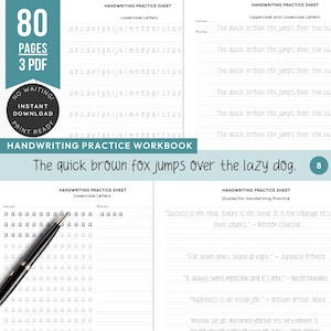 Op de afbeelding: Een handschrift oefenwerkboek met 80 pagina's en 3 PDF's. De omslag toont de tekst "Handwriting Practice Workbook" en "The quick brown fox jumps over the lazy dog." Binnenin staan handschriftbladen met kleine en hoofdletters.