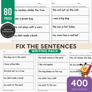 May include: A writing pack titled "FIX THE SENTENCES WRITING PACK" with 80 pages and 400 sentences. The worksheets provide sentences to rewrite with correct capitalisation and punctuation. A cartoon bee holds a pencil.