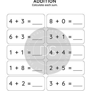 Może przedstawiać: Czarno-biały arkusz edukacyjny z tytułem ADDITION i podtytułem Calculate each sum. Zawiera dziesięć zadań matematycznych w dw&oacute;ch kolumnach, w tym 4+3, 8+0, 6+3, 3+1, 1+1, 4+4, 1+8, 2+5, 4+2 oraz 3+6, każde z pustą linią na wynik.