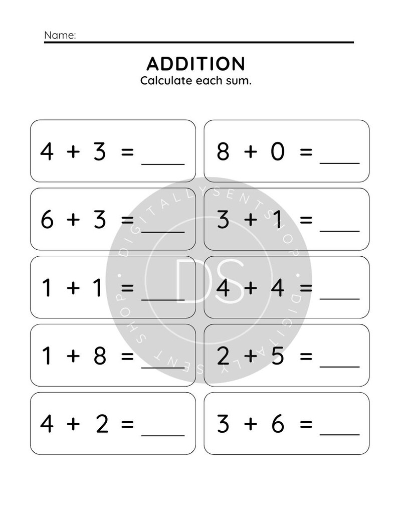 Może przedstawiać: Czarno-biały arkusz edukacyjny z tytułem ADDITION i podtytułem Calculate each sum. Zawiera dziesięć zadań matematycznych w dw&oacute;ch kolumnach, w tym 4+3, 8+0, 6+3, 3+1, 1+1, 4+4, 1+8, 2+5, 4+2 oraz 3+6, każde z pustą linią na wynik.