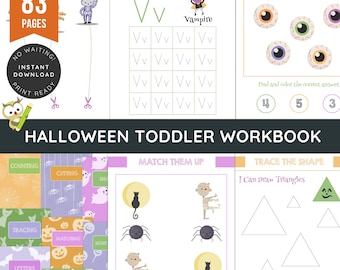 Halloween Toddler Workbook | Counting, Tracing, Matching, Cutting, Letters, Numbers & Shapes | Preschool Printable PDF | 83 Pages US Letter