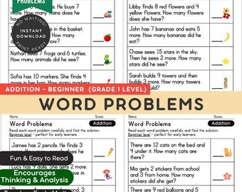 Kindergarten & 1.Klasse Ergänzung Textprobleme | Anfänger Mathe Übungsblätter | Einfache Ergänzung, druckbare PDF-Übungsblätter, einfach K-1