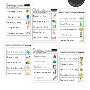 May include: A collection of printable educational worksheets for early reading practice. Each sheet features sentences with illustrations, focusing on word families like "ang," "ush," "ith," "uck," "ock," and "ash." The worksheets are designed for instant download.