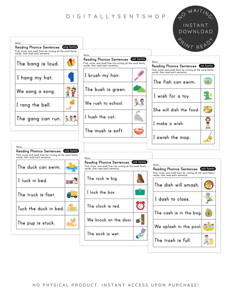 May include: A collection of printable educational worksheets for early reading practice. Each sheet features sentences with illustrations, focusing on word families like "ang," "ush," "ith," "uck," "ock," and "ash." The worksheets are designed for instant download.