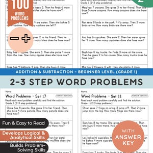 Zwei-Schritt-Additions- und Substrahierungs-Wortprobleme Arbeitsblätter | Einfache Mathe-Übung | 100 Probleme | Druckbare Homeschool Ressource | Erhaltungszustand: