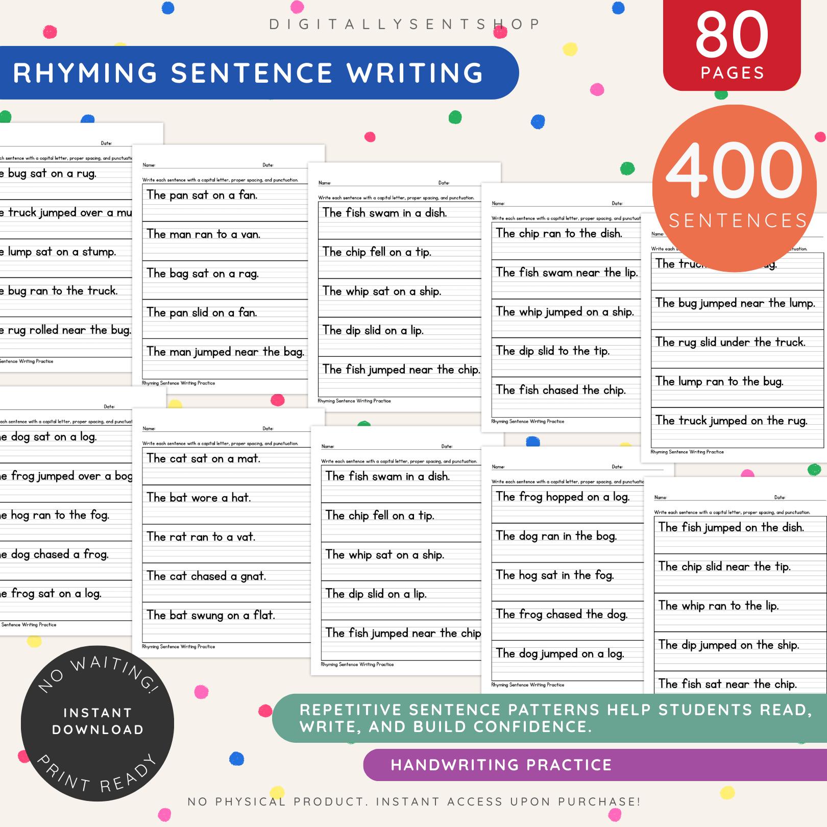 Sentences With Rhyming 350 Rhyming Sentence Writing Worksheets | Phonics Rhyming Practice Read ...