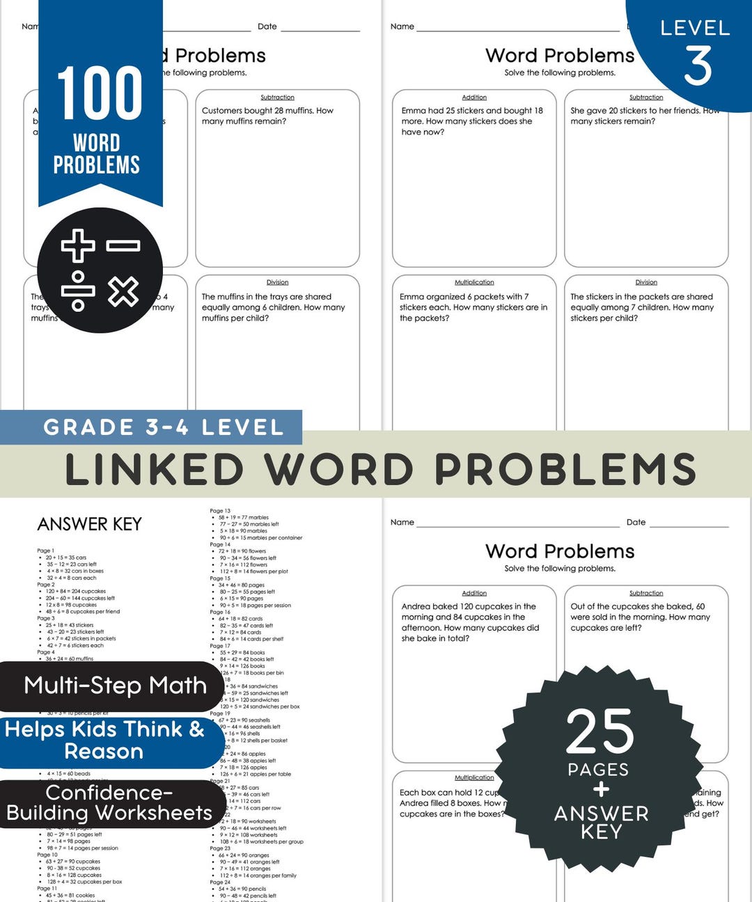 Mixed Multi-step Math Word Problems 100 Worksheets | 3rd & 4rd Grade ...