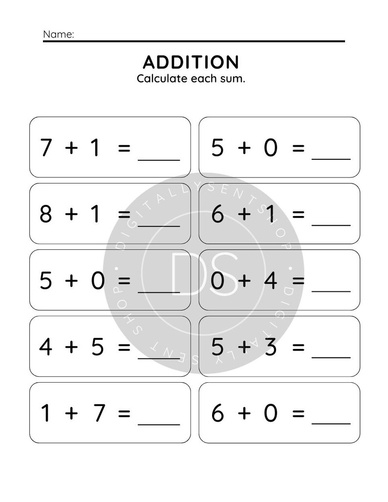 Może przedstawiać: Czarno-biały arkusz edukacyjny z tytułem ADDITION i podtytułem Calculate each sum. Strona zawiera dziesięć zadań matematycznych ułożonych w dw&oacute;ch kolumnach, każde z pustą linią na odpowiedź, w tym 7+1, 5+0, 8+1, 6+1, 5+0, 0+4, 4+5, 5+3, 1+7 oraz 6+0.