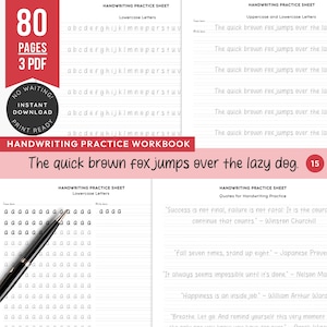 Op de afbeelding: Een handschrift oefenwerkboek met 80 pagina's in 3 PDF-bestanden. De omslag toont de tekst "Handwriting Practice Workbook" en "The quick brown fox jumps over the lazy dog." Binnenin zijn er vellen voor kleine en hoofdletters.