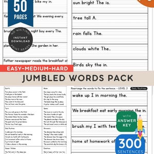 Sentence Building Worksheets | Jumbled Word Activities & Handwriting Practice | PDF Literacy Resource for Early Learners Pre-k and 1st Grade