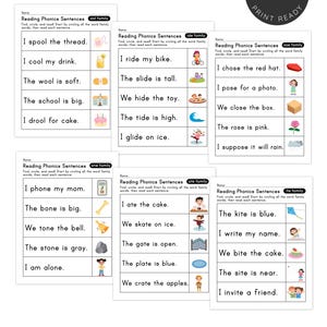 May include: A collection of printable reading phonics sentences worksheets. Each worksheet features sentences with illustrations, designed for early readers to practice word recognition and reading comprehension. The worksheets are in black and white.