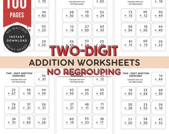 Cuaderno de ejercicios de suma de dos dígitos (PDF) / Suma de dos dígitos / 100 páginas, 1000 problemas de matemáticas / Sin reagrupación / Hoja de trabajo imprimible / Descarga instantánea