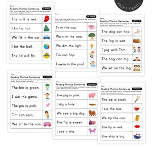 May include: A collection of printable phonics worksheets for early readers. Each page features simple sentences with accompanying illustrations, focusing on word families like "it," "im," and "og." The worksheets are designed for instant download and print.