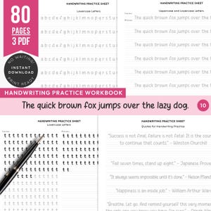 Op de afbeelding: Handschrift oefenwerkboek met 80 pagina's in PDF-formaat. De roze omslag bevat de tekst "Handwriting Practice Workbook" en "The quick brown fox jumps over the lazy dog." Bevat handschrift oefenbladen.