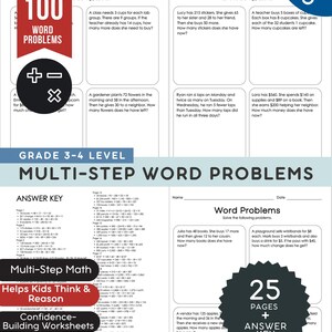 May include: A workbook titled "100 Word Problems" for grades 3-4. The pages feature multi-step math problems with an answer key. The cover includes the text "Multi-Step Math Helps Kids Think & Reason Confidence-Building Worksheets".