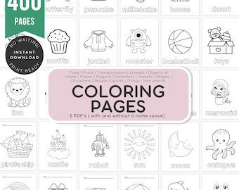 May include: A digital download of coloring pages with various illustrations, including a butterfly, pancake, milkshake, house, donut, muffin, jacket, monster, basketball, toys, lion, pirate ship, castle, robot, sun, moon, and octopus.