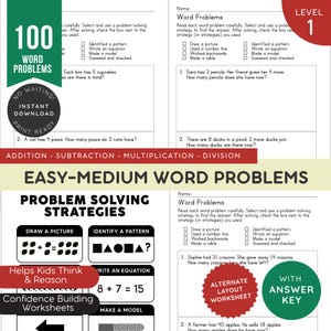 May include: A printable worksheet with 100 word problems for children. The educational resource covers addition, subtraction, multiplication, and division. It includes problem-solving strategies and an answer key.