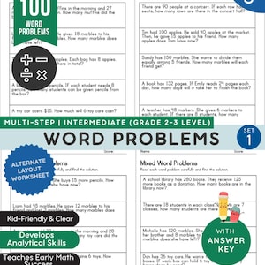 Könnte beinhalten: Ein Arbeitsblatt mit 100 Textaufgaben für die Klassen 2-3, mit mehrstufigen und fortgeschrittenen mathematischen Herausforderungen. Enthält einen Lösungsschlüssel und konzentriert sich auf die Entwicklung analytischer Fähigkeiten.