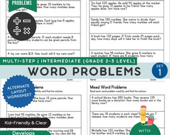 100 Math Word Problems Worksheets - Alternative Layout | 2nd & 3rd Grade | Addition, Subtraction, Multiplication, Division | Printable Pack