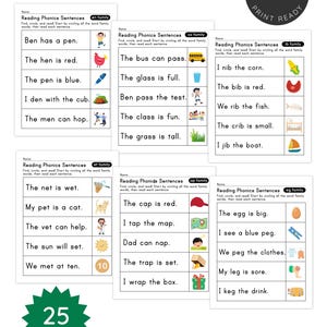 May include: A collection of 25 printable phonics worksheets for early readers. Each page features simple sentences with accompanying illustrations, designed to help children practice reading and word recognition. The worksheets are available for instant download.