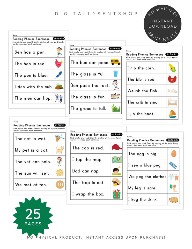 May include: A collection of 25 printable phonics worksheets for early readers. Each page features simple sentences with accompanying illustrations, designed to help children practice reading and word recognition. The worksheets are available for instant download.