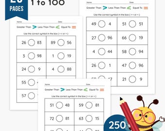 Greater Than Less Than Equal To Worksheets | 25 Page Math Practice Pack | Numbers Up to 100 | 250 Problems | Compare Numbers | PDF + PNG