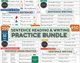 1,300 Sentence Writing & Reading Practice Worksheets | 4-in-1 PDF Bundle | Phonics, Copy Sentences, Rearrange Words, Sentence Order