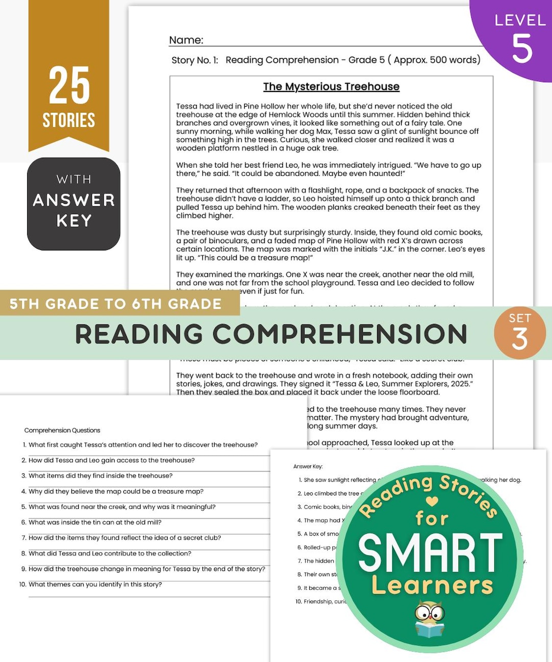 Reading Comprehension Grade 5 Short Stories 25 Worksheets Printable ELA ...