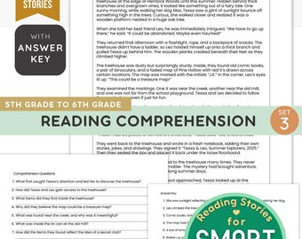 Comprensione della lettura Grado 5 Racconti brevi 25 fogli di lavoro stampabili Passaggi di lettura ELA Quaderno di esercizi di alfabetizzazione