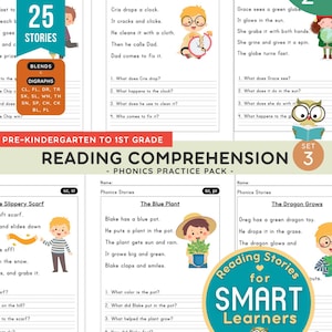 Blends & Digraphs Reading Comprehension Pack Set 3, 25 Stories, Reading for Preschool, Kindergarten, Fun Literacy Practice, Phonics Stories