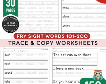30 Seiten Fry Second 100 verschluss Wörter (101-200) Nachzeichnen & Kopieren Arbeitsblätter Handschrift Bohrer | "Übungsblätter für fließendes Schreiben."