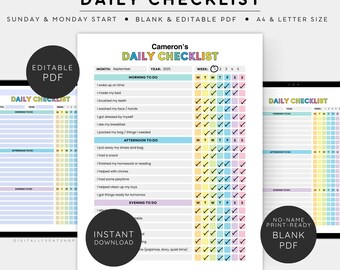 Fillable Daily Checklist for Kids | Printable Daily Task | Daily Routine Chart | Printable Kids Planner | Editable PDF for Home & Classroom
