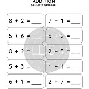 Może przedstawiać: Czarno-biały arkusz z zadaniami dodawania z tytułem ADDITION oraz instrukcją Calculate each sum. Strona zawiera dziesięć zadań matematycznych ułożonych w dw&oacute;ch kolumnach, każde z pustą linią na odpowiedź po znaku r&oacute;wności.