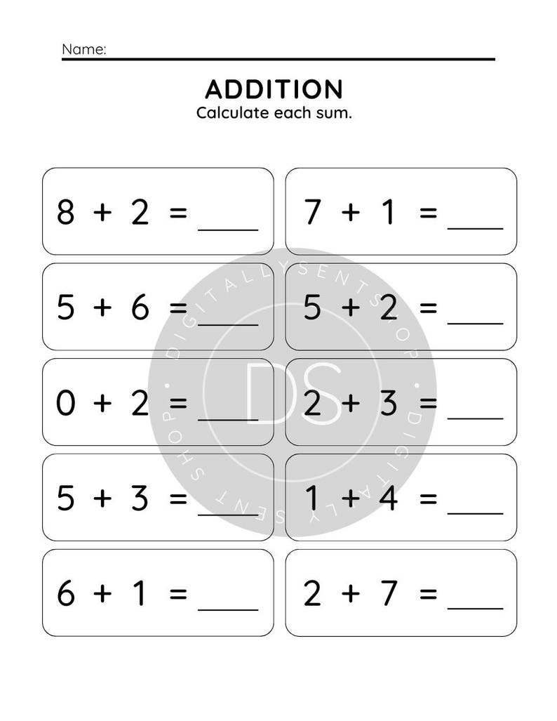 Może przedstawiać: Czarno-biały arkusz z zadaniami dodawania z tytułem ADDITION oraz instrukcją Calculate each sum. Strona zawiera dziesięć zadań matematycznych ułożonych w dw&oacute;ch kolumnach, każde z pustą linią na odpowiedź po znaku r&oacute;wności.
