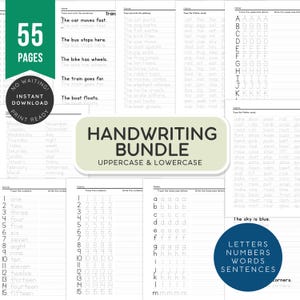 Könnte beinhalten: Ein Handschrift-Bundle mit 55 Seiten, das Groß- und Kleinbuchstaben, Zahlen, Wörter und Sätze enthält. Enthält Übungen zum Nachzeichnen von Buchstaben, Zahlen und einfachen Sätzen. Die Seiten sind druckfertig und sofort verfügbar.