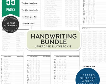Druckbare Handschrift Arbeitsblätter | Großbuchstaben, Kleinbuchstaben, 3-5 Buchstaben Wörter, Zahlen, Tage, Monate, Ländernamen & Sätze | Sofort-PDF