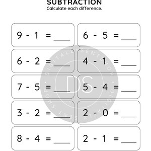 Może przedstawiać: Biała karta pracy edukacyjnej z tytułem SUBTRACTION oraz poleceniem Calculate each difference. Strona zawiera dziesięć zadań matematycznych ułożonych w dw&oacute;ch kolumnach, każde w zaokrąglonej prostokątnej ramce z pustą linią na wynik.
