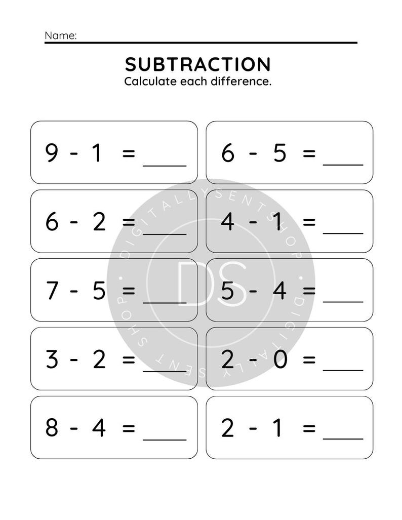 Może przedstawiać: Biała karta pracy edukacyjnej z tytułem SUBTRACTION oraz poleceniem Calculate each difference. Strona zawiera dziesięć zadań matematycznych ułożonych w dw&oacute;ch kolumnach, każde w zaokrąglonej prostokątnej ramce z pustą linią na wynik.