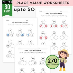 Puede incluir: Un conjunto de 30 páginas de hojas de trabajo de valor posicional con modelos de parte-todo para problemas matemáticos hasta 50. Los documentos incluyen 270 problemas con círculos vacíos para completar y una ilustración de un niño con sombrero.