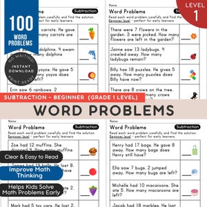 May include: A collection of four printable maths worksheets featuring subtraction word problems for grade one students. Each page includes black text on a white background with small colourful illustrations of carrots, dolphins, flowers, ladybugs, and other items next to blank lines for answers.