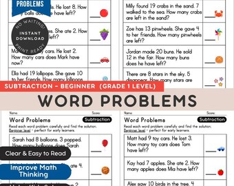 Eenvoudige problemen met aftrekken van woorden | 100 woordproblemen | Rekenoefeningen voor beginners voor kinderen | Afdrukbare K-1-activiteiten, wiskundeoefeningen voor beginners