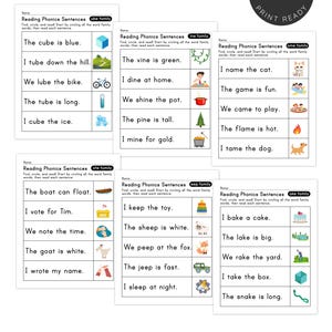 May include: A collection of printable phonics worksheets for early readers. Each page features simple sentences with illustrations, focusing on word families like "ube," "ine," "ome," "ote," "eep," and "ake." The worksheets are designed for instant download and print.