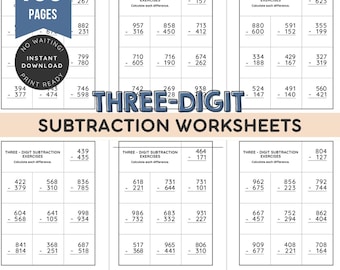 1000 problemas de resta de tres dígitos / Hojas de trabajo imprimibles / Práctica de matemáticas para 2.º, 3.º y 4.º grado / Educación en casa y en el aula / PDF digital