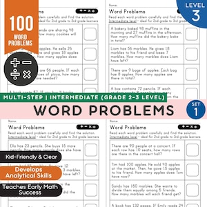 May include: A workbook titled "100 Word Problems" for 2nd to 3rd grade students. The pages feature math problems with space for answers, and the cover includes the text "Multi-Step | Intermediate (Grade 2-3 Level)". The workbook is set 1.