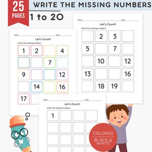 Write the Missing Numbers Worksheets | 25 Page Math Practice | Numbers 1 to 20 | Printable Activities | Homeschool | Classroom | Teacher