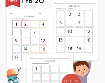 Folhas de exercícios para completar os números que faltam | 25 páginas de prática matemática | Números de 1 a 20 | Atividades para imprimir | Ensino domiciliar | Sala de aula | Professor