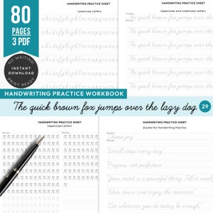 Puede incluir: Un cuaderno de ejercicios de escritura a mano con 80 páginas y 3 PDF. La portada presenta el texto "Handwriting Practice Workbook" y "The quick brown fox jumps over the lazy dog." En el interior hay hojas de práctica.