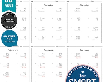 Mixed Abzug Arbeitsblätter | 2-stellige, 3-stellige & 4-stellige Übungsseiten + Lösungsschlüssel | Ausdruckbare Mathe-Übungen für Kinder | Heimatschule