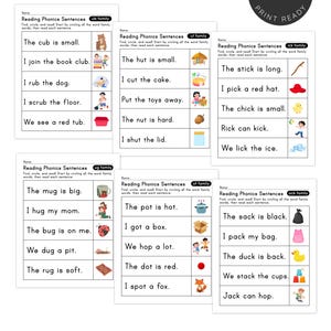 May include: A collection of printable phonics worksheets for early readers. Each sheet features sentences with words from the "ub", "ut", "ick", "ug", "ot", and "ack" word families, accompanied by illustrations. The worksheets are designed for instant download.